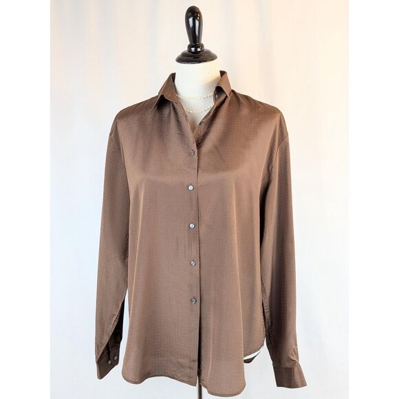 Vintage 1980s Women's Brown Silky Collared Blouse Button-Down Dress Top Sz 16 - Picture 2 of 10